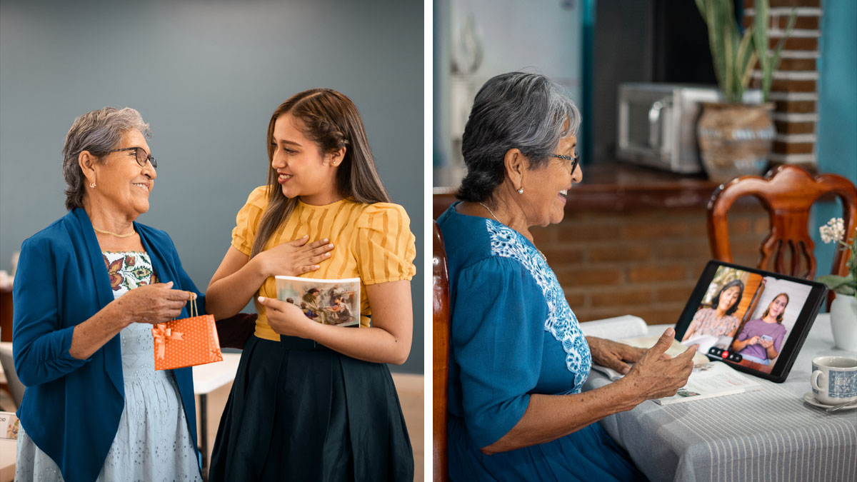 סדרת תמונות:‏ אחות מבוגרת עושה מאמצים בשירות יהוה על אף גילה המתקדם.‏ 1.‏ היא מנהלת שיעור מקרא דרך ועידת וידיאו.‏ 2.‏ היא נותנת מתנה קטנה לחלוצה צעירה בקהילתה,‏ אשר אוחזת בספר של בית הספר לשירות החלוצי.‏