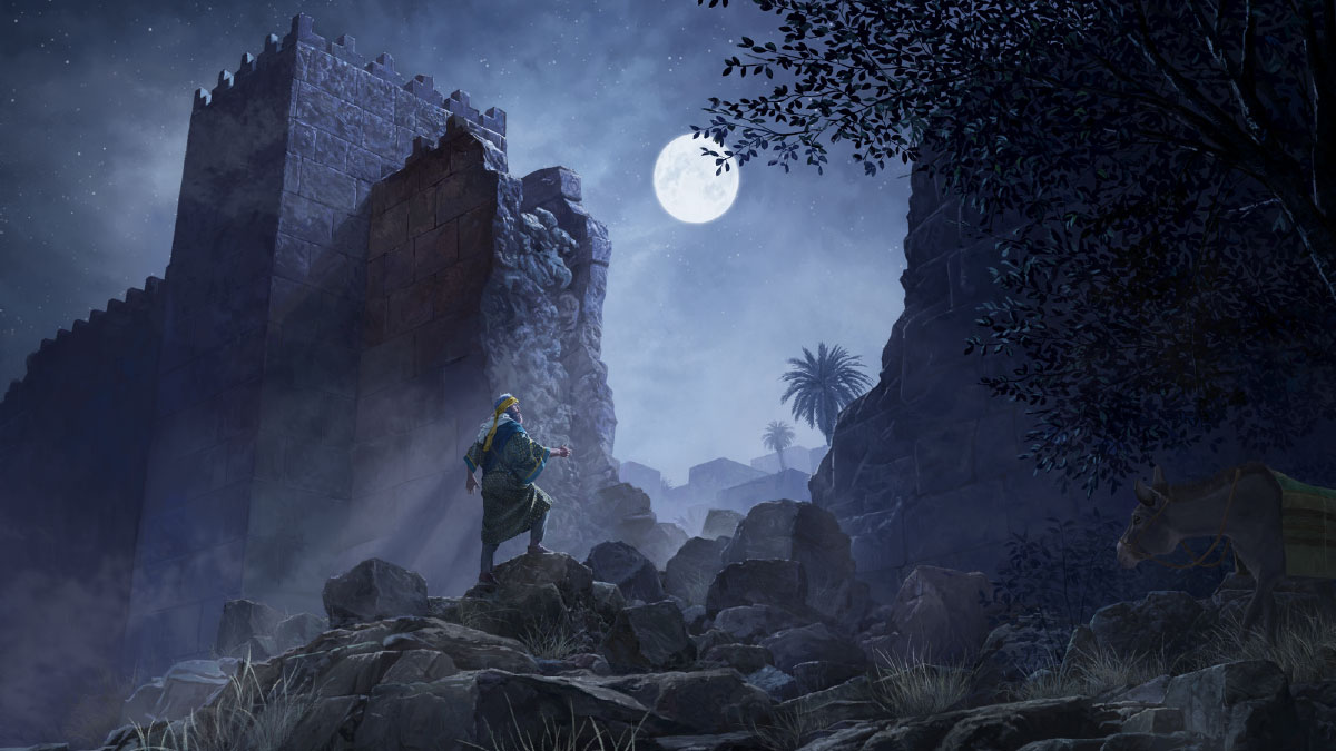 נחמיה בודק בלילה חלק של חומות ירושלים ההרוסות.‏