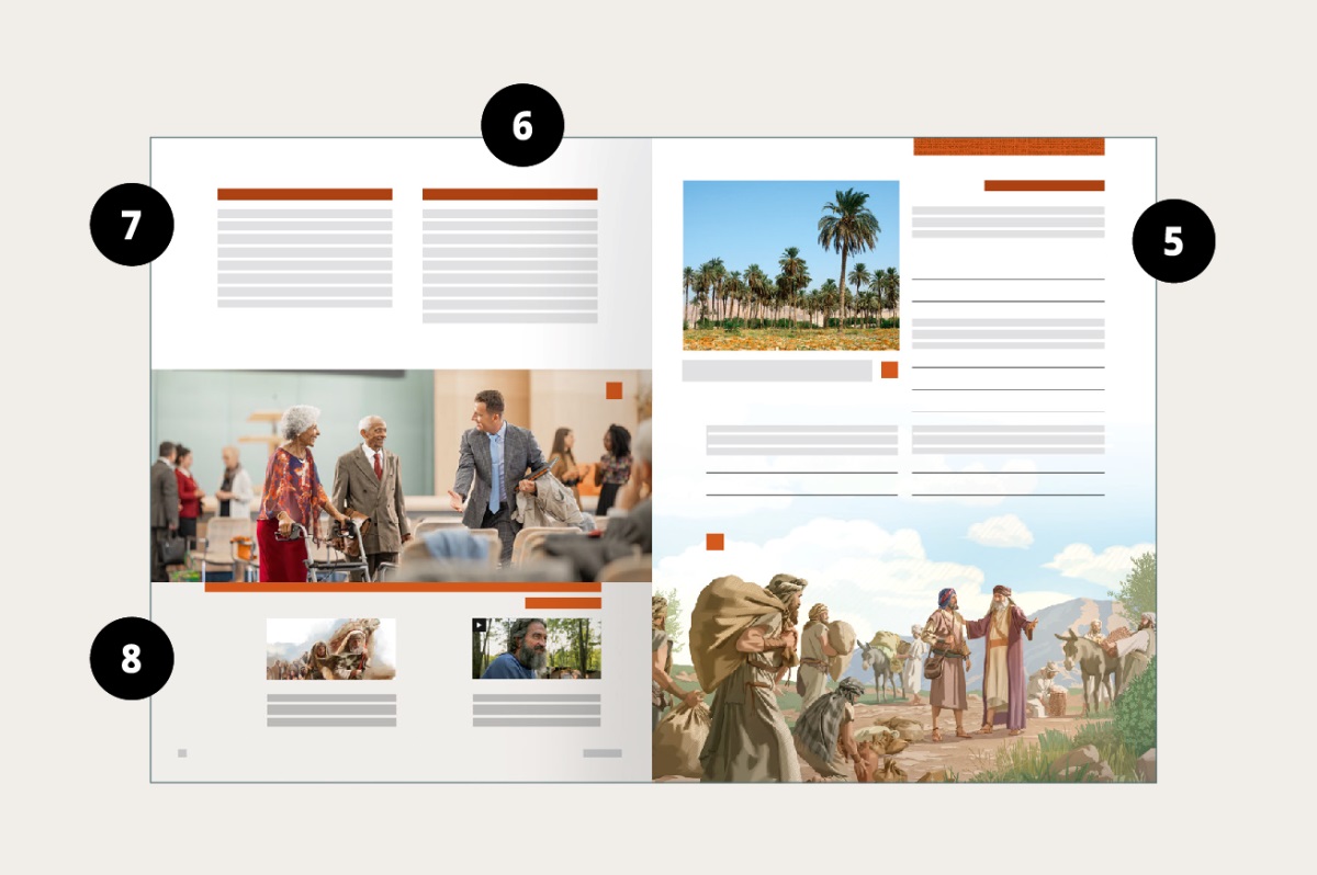 הדמיה של עמודים 30 ו־31 שממחישה איפה נמצאים מאפיינים חמש עד שמונה בפרסום הזה.‏