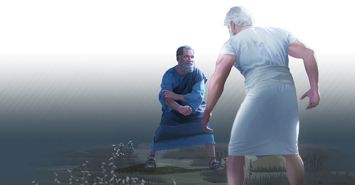 יעקב ניצב מול מלאך שלבש גוף בשר ודם ומתכונן להיאבק בו.‏