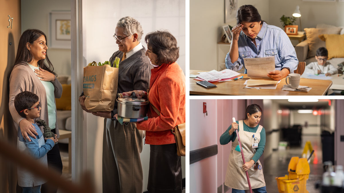 סדרת תמונות:‏ אימא חד הורית מתמודדת עם קשיים כלכליים.‏ שלוש התמונות הבאות מראות כל מצב בנפרד.‏