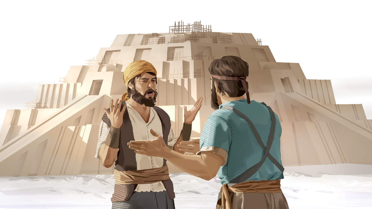 שני אנשים מיואשים במגדל בבל,‏ מנסים לתקשר זה עם זה ללא הצלחה.‏