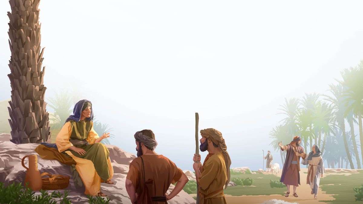 דבורה יושבת תחת עץ תמר ומיישבת סכסוך בין שני גברים עם כבשים.‏ זוג מבני ישראל הולך בשביל שמוביל אל דבורה.‏