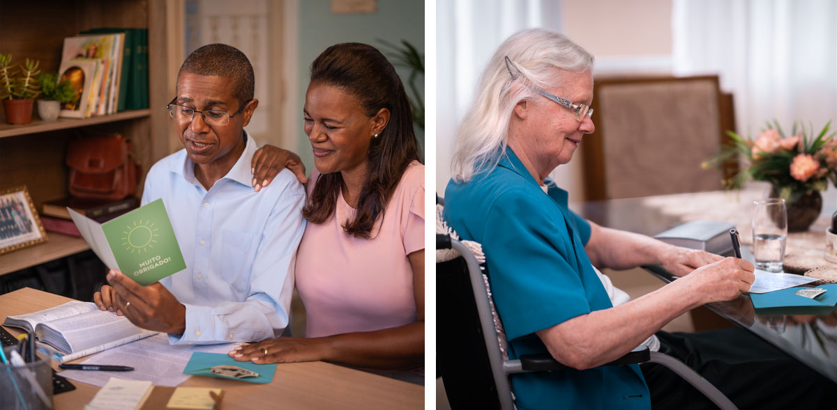 סדרת תמונות:‏ 1.‏ אחות מבוגרת בכיסא גלגלים כותבת כרטיס ברכה ומכניסה אותו למעטפה עם כסף.‏ 2.‏ זוג קורא בשמחה את הכרטיס.‏