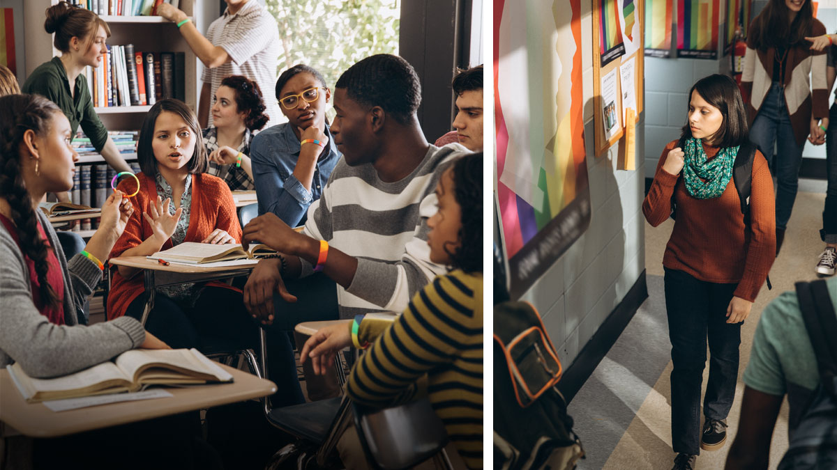 סדרת תמונות:‏ נערה עדת־יהוה מתמודדת עם לחץ בבית הספר.‏ שתי התמונות הבאות מראות כל מצב בנפרד.‏