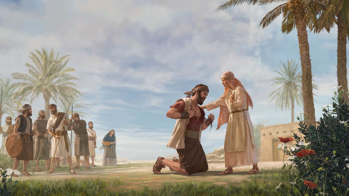 יפתח קורע את בגדיו ונופל על ברכיו בזמן שבתו מנסה לנחם אותו ומניחה את ידה על כתפו.‏