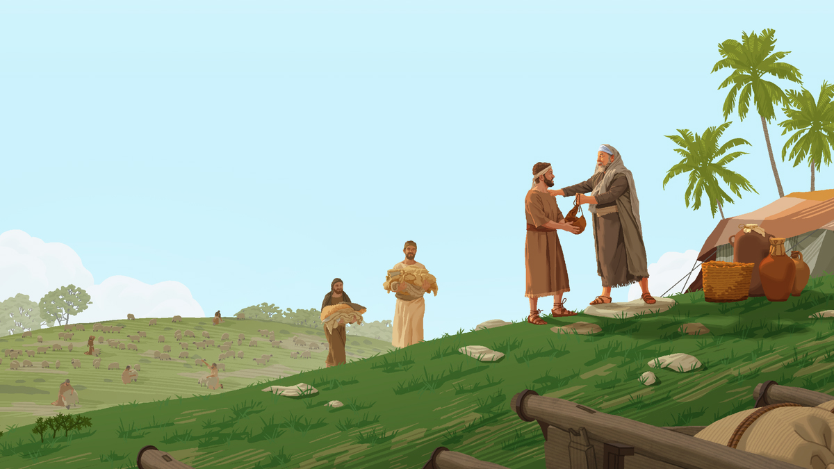 בעל עדרי צאן עומד מחוץ לאוהל שלו ומושיט בשמחה מתנה לאחד מעובדיו שגזזו את הצמר.‏ כמה עובדים אחרים הולכים לקראתם כשהם נושאים צמר.‏