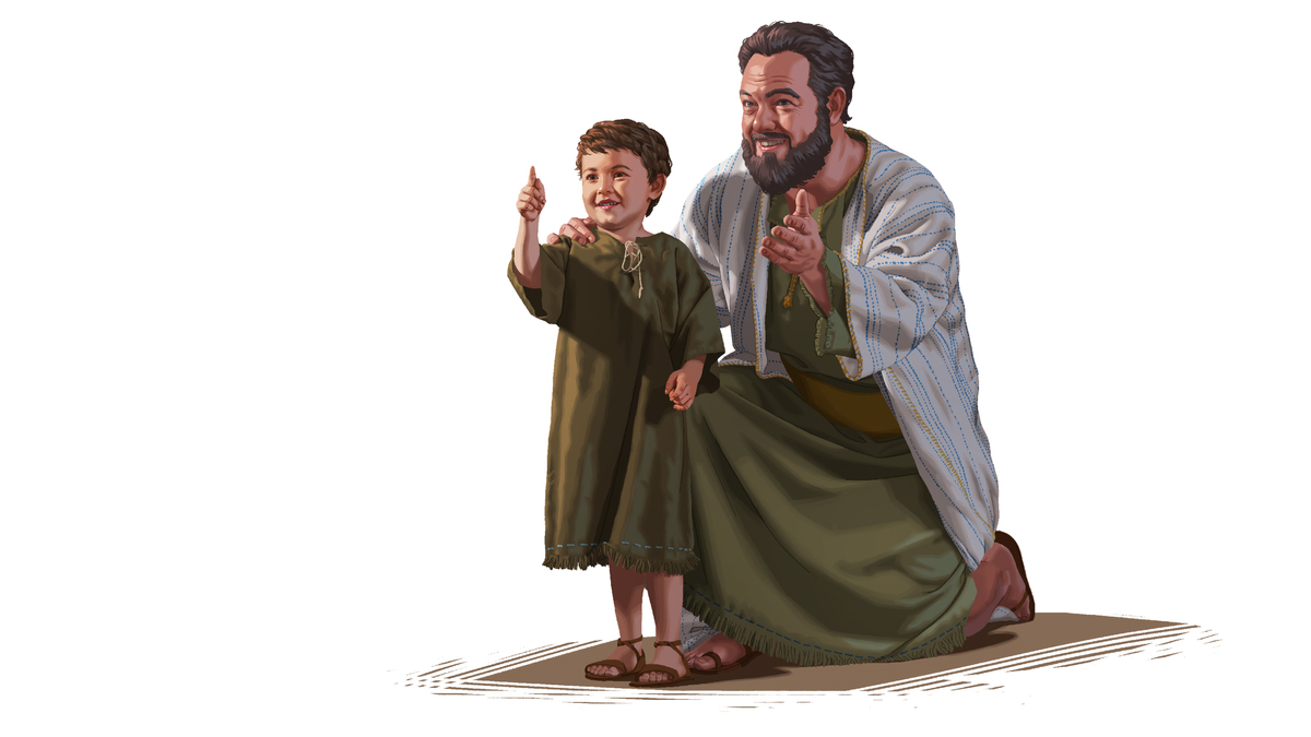 יהונתן כורע ברך לצד בנו הצעיר מפיבושת,‏ כשידו על שכמו של בנו.‏ שניהם מחייכים ומצביעים לכיוון מסוים.‏
