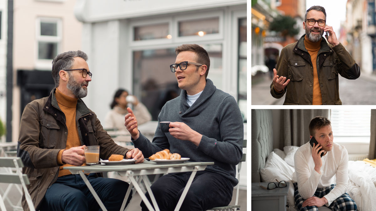 סדרת תמונות:‏ אח מבוגר מעודד אח עצוב.‏ שתי התמונות הבאות מראות כל מצב בנפרד.‏