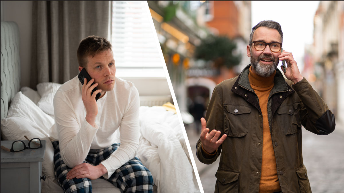 סדרת תמונות:‏ 1.‏ האח המבוגר מתקשר לאח העצוב.‏ 2.‏ האח עונה לו מהמיטה.‏