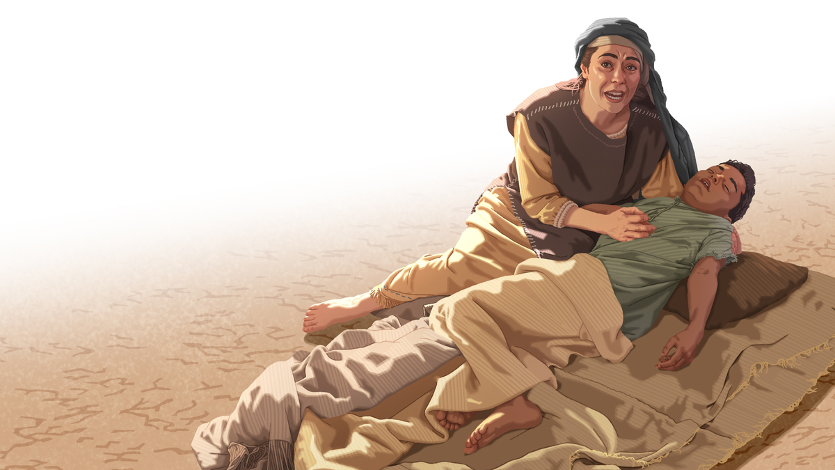 האלמנה מצרפת אוחזת בזרועותיה את בנה המת ומתחננת לעזרה.‏