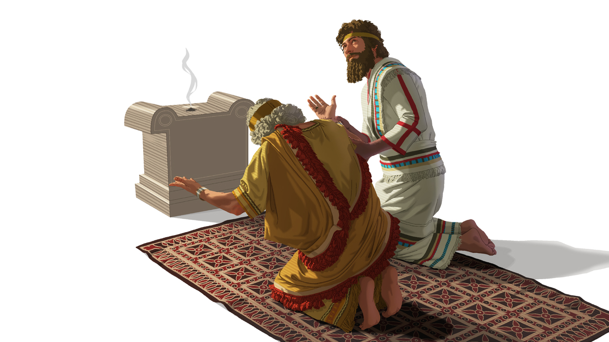 נעמן ומלך ארם הקשיש כורעים ברך בפני מזבח קטורת.‏ בזמן שהמלך משתחווה כחלק מפולחן אלילי,‏ נעמן מסיט את מבטו מהמזבח ומסתכל למעלה.‏