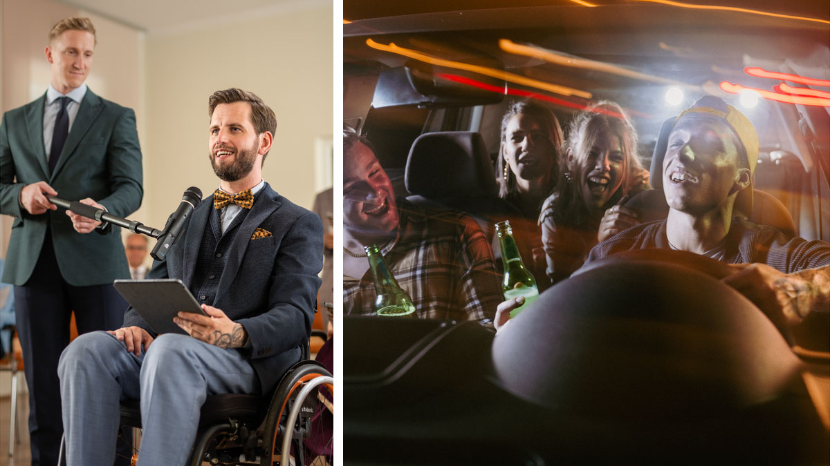 סדרת תמונות:‏ 1.‏ בחור צעיר שותה בירה עם חברים כשהם נוהגים ברכב בלילה.‏ 2.‏ שנים לאחר מכן,‏ הוא יושב על כיסא גלגלים ועונה תשובה באסיפה.‏ ידו השמאלית מקועקעת.‏