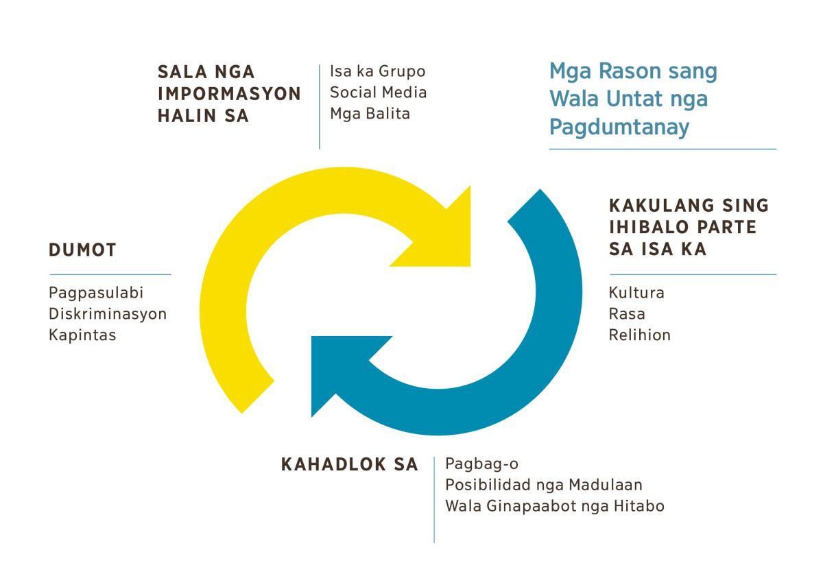 Isa ka diagram sang duha ka arrow nga nagatiyog nga nagapakita sang mga rason sang wala untat nga pagdumtanay. 1. Sala nga impormasyon nga mahimo halin sa isa ka grupo, social media, kag mga balita. 2. Kakulang sing ihibalo parte sa isa ka kultura, rasa, kag relihion. 3. kahadlok sa pagbag-o, posibilidad nga madulaan, kag wala ginapaabot nga hitabo. 4. Dumot, lakip ang pagpasulabi, diskriminasyon, kag kapintas.