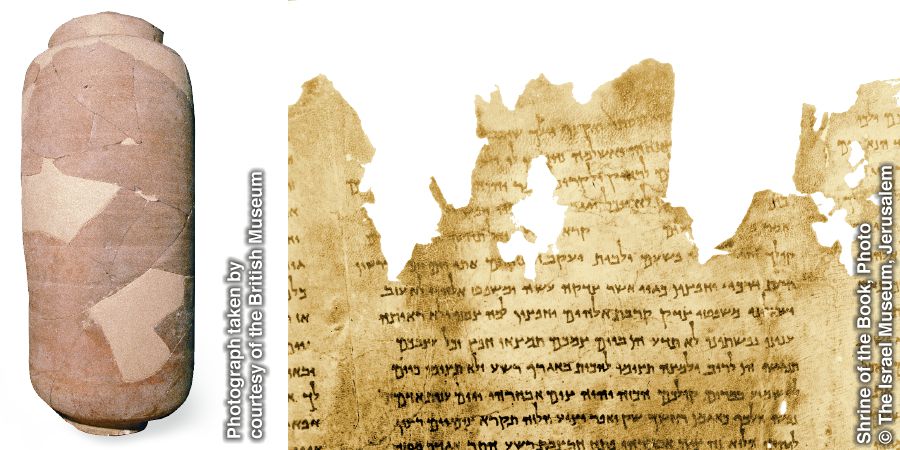 1. Lub hub av; 2. Ib nplooj ntawv tauj deg Dead Sea Scrolls