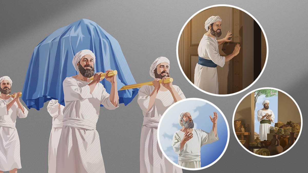 Plaub tug ntawm cuab Kauhas kwv lub phij xab uas ntim Vajtswv tej lus cog tseg. Cov duab: Cuab Kauhas tes hauj lwm tom qab no. 1. Cuab Kauhas ib tug hu nkauj. 2. Ib tug zov rooj loog. 3. Ib tug zov tej txhab ntim khoom noj.