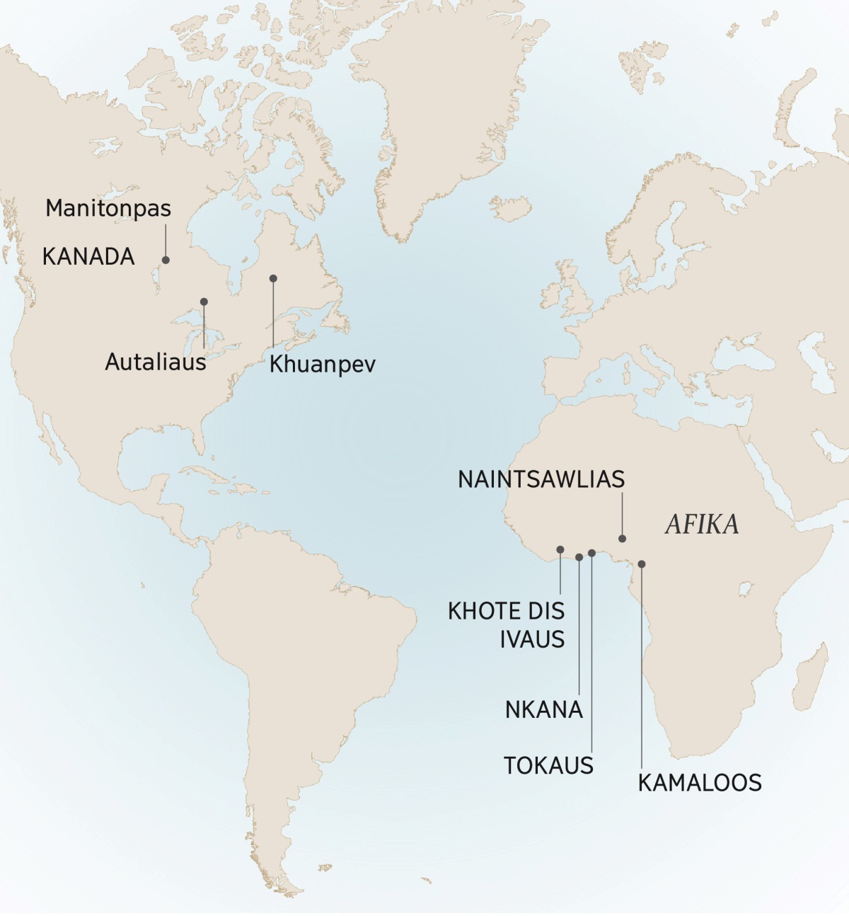 Daim duab qhia teb chaws qhia txog seb Anres nyob qhov twg thiab nws ua Yehauvas tes hauj lwm qhov twg rau qhov twg: Manitonpas, Autaliaus, thiab Khuanpev hauv Kanada; Kamaloos, Khote Dis Ivaus, Nkana, Naintsawlias, thiab Tokaus hauv Afika.