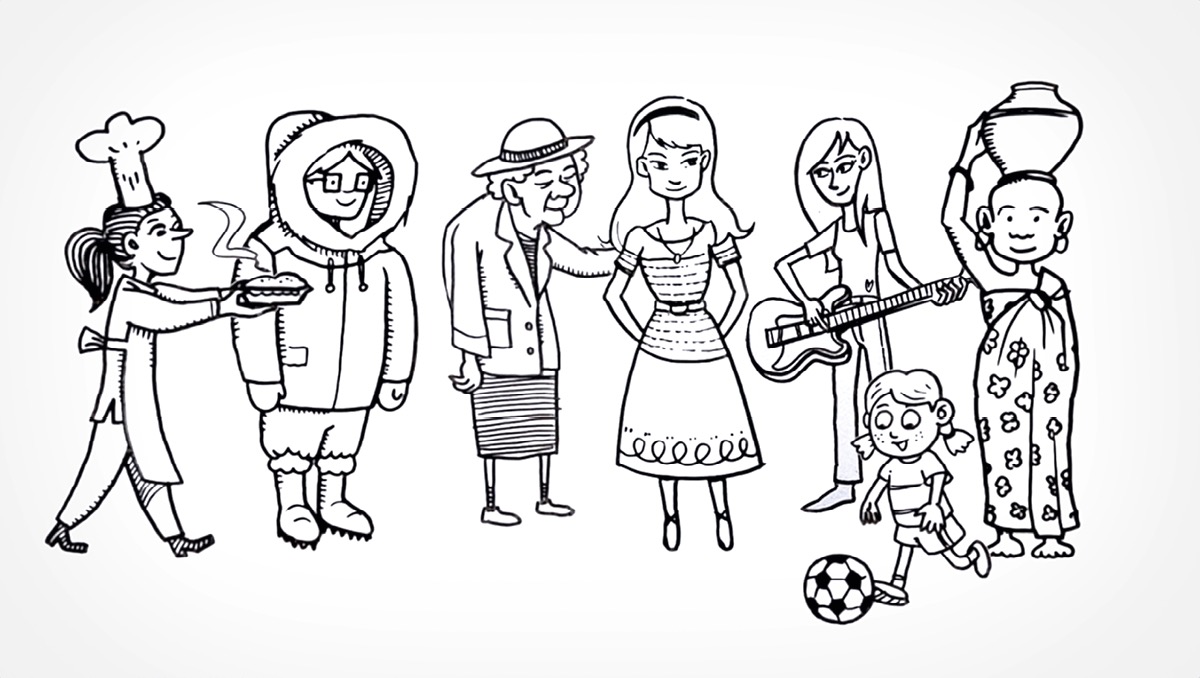 Egy jelenet a „Milyen egy igazi barát?” című videóból. Egy tinédzsert körülvesznek a barátai, akik különböző korúak, származásúak és adottságúak.