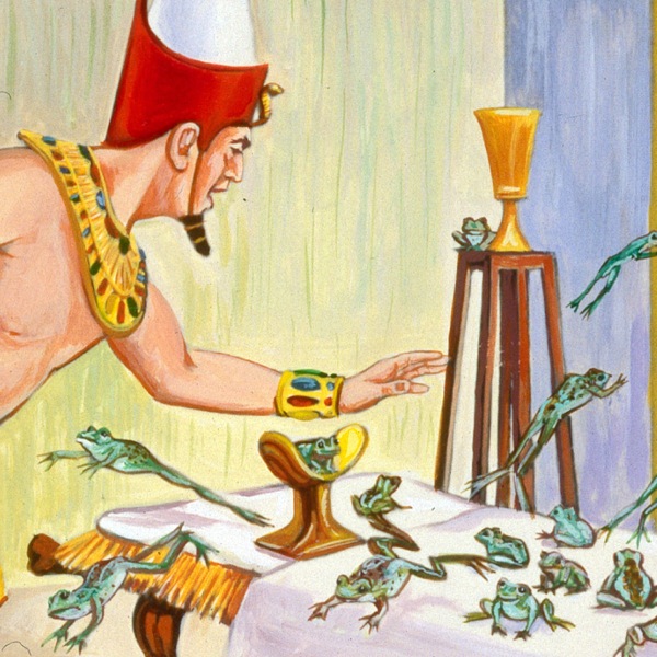 A fáraó próbálja elhessegetni a békákat az ágyáról a második csapás idején