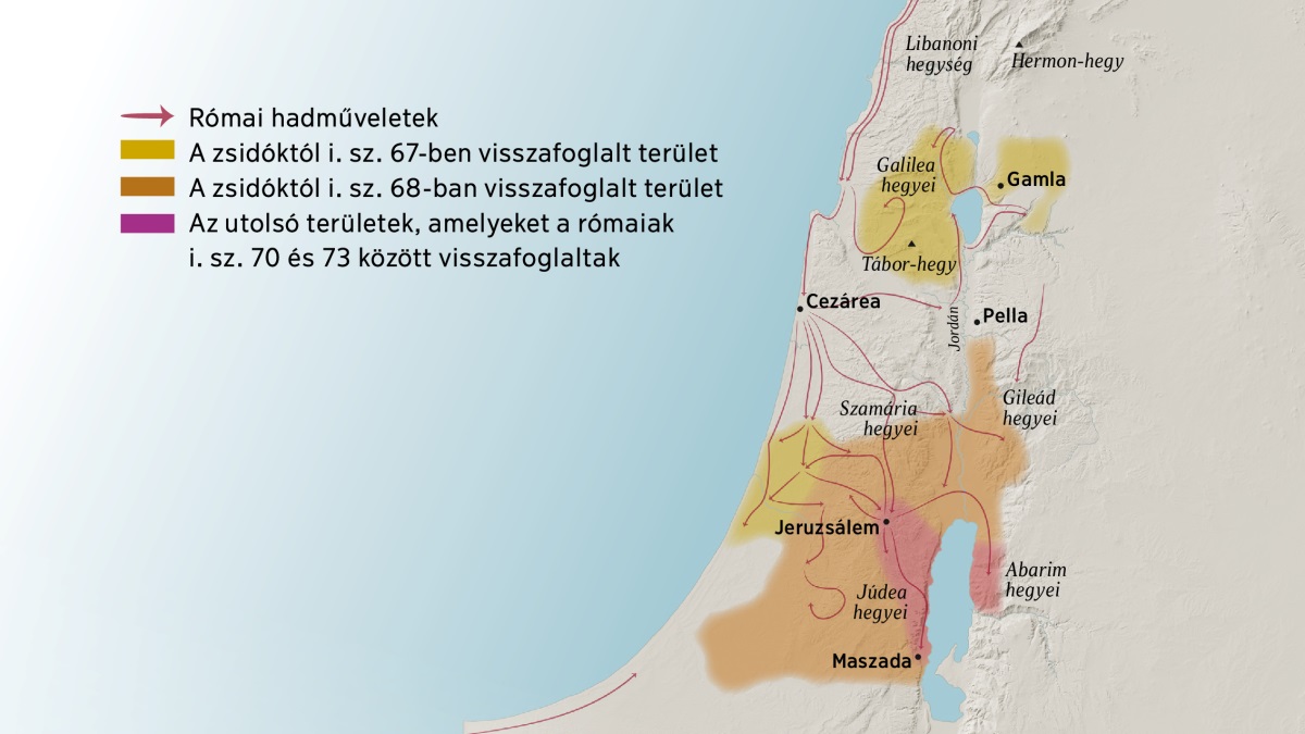 A térképen az első századi Izrael területe látható. Jeruzsálemtől északra fekvő hegyek: Libanoni hegység, Galilea hegyei, Szamária hegyei, Gileád hegyei, Hermon-hegy és Tábor-hegy. Városok Jeruzsálemtől északra: Gamla, Cezárea és Pella. Jeruzsálemtől délre fekvő hegyek és város: Júdea hegyei, Abarim hegyei és Maszada. A térképen a rómaiak hadműveletei is láthatóak, és az, hogy mely területeket foglalták vissza a zsidóktól i. sz. 67 és 73 között.