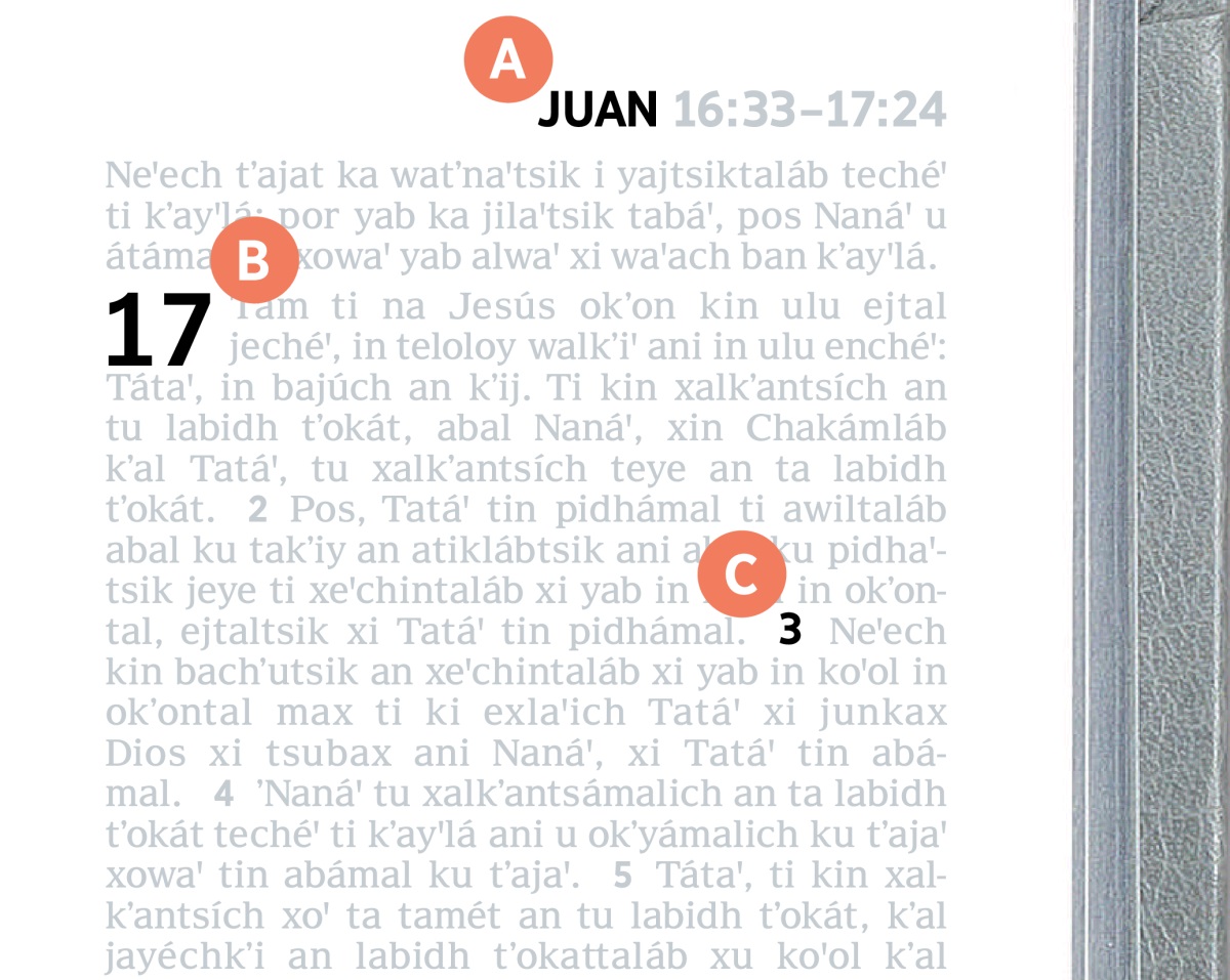 Etiquetas que corresponden a las características A, B y C en una página de la Biblia.