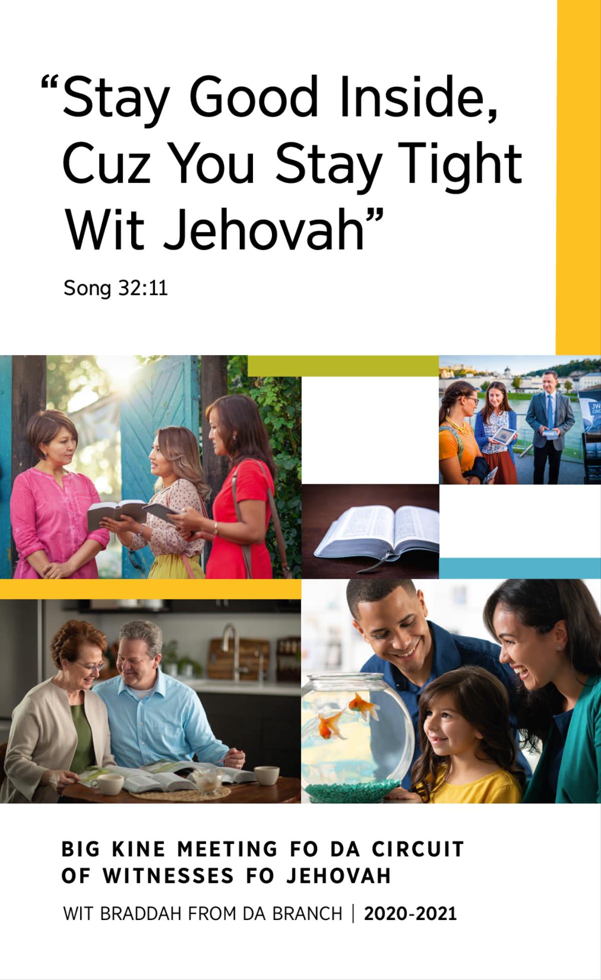 Collage: 1. One happy ohana look at goldfish in da bowl. 2. Two Witnesses fo Jehovah discuss one Bible verse wit da woman at her hale. 3. One couple study da Bible wit Bible-based publications. 4. An open Bible. 5. One couple sho one Bible-based video to a woman on a public walkway.