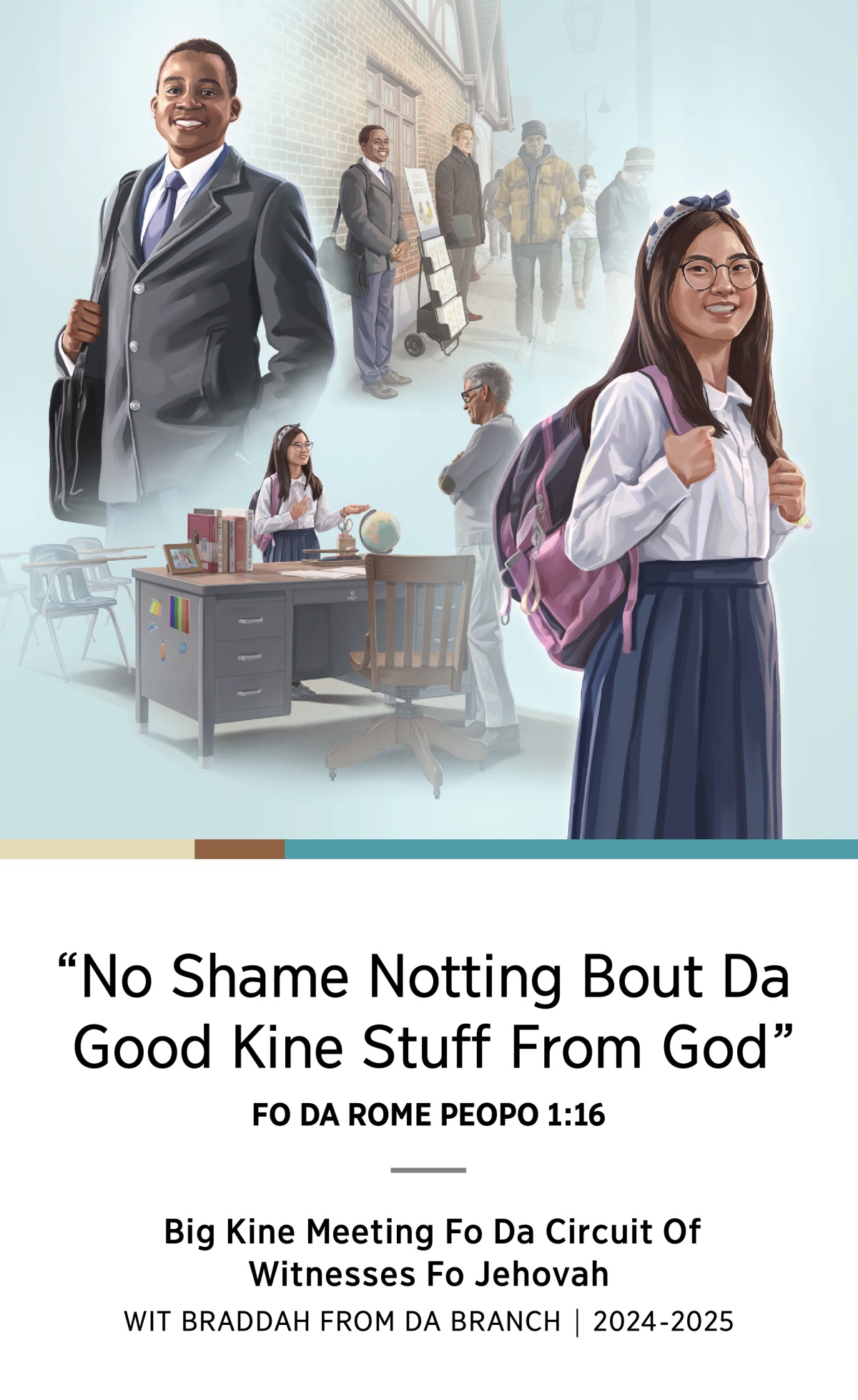 Picha: 1. One young braddah stay happy doing cart witnessing wit anodda braddah. 2. Picha of da young braddah smiling cuz he proud of wat he doing. 3. One young sistah happy fo preach to her teacha. 4. Picha of da young sistah smiling cuz she proud of wat she doing.