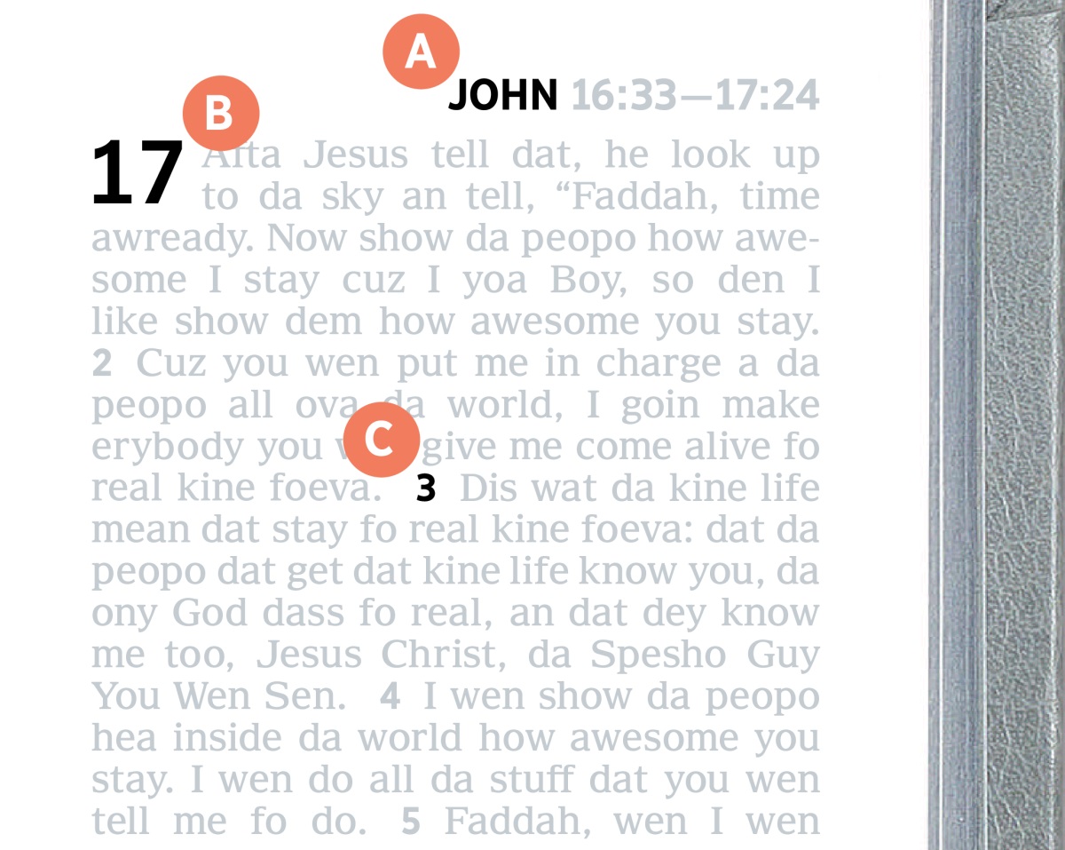 Wat get in A, B, an C on one page in da Bible.