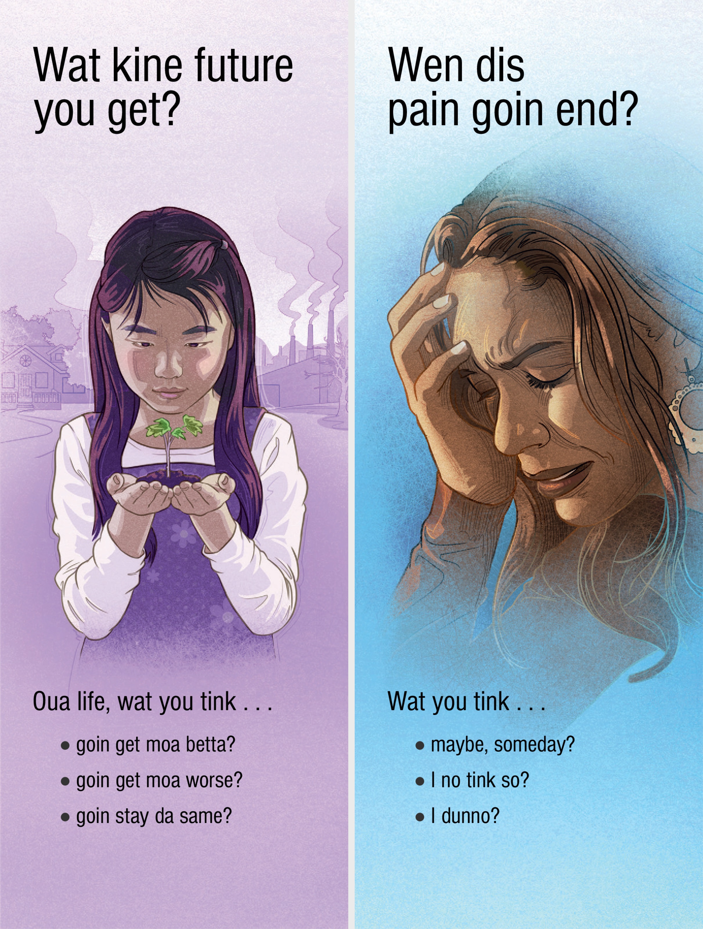 Da tracks “Wat Kine Future You Get?” an “Wen Dis Pain Goin End?”