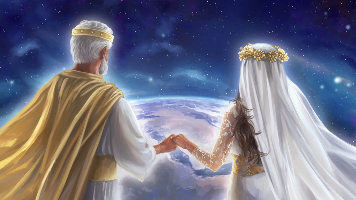 Jesus an his bride holding hands checking out da earth from heaven.