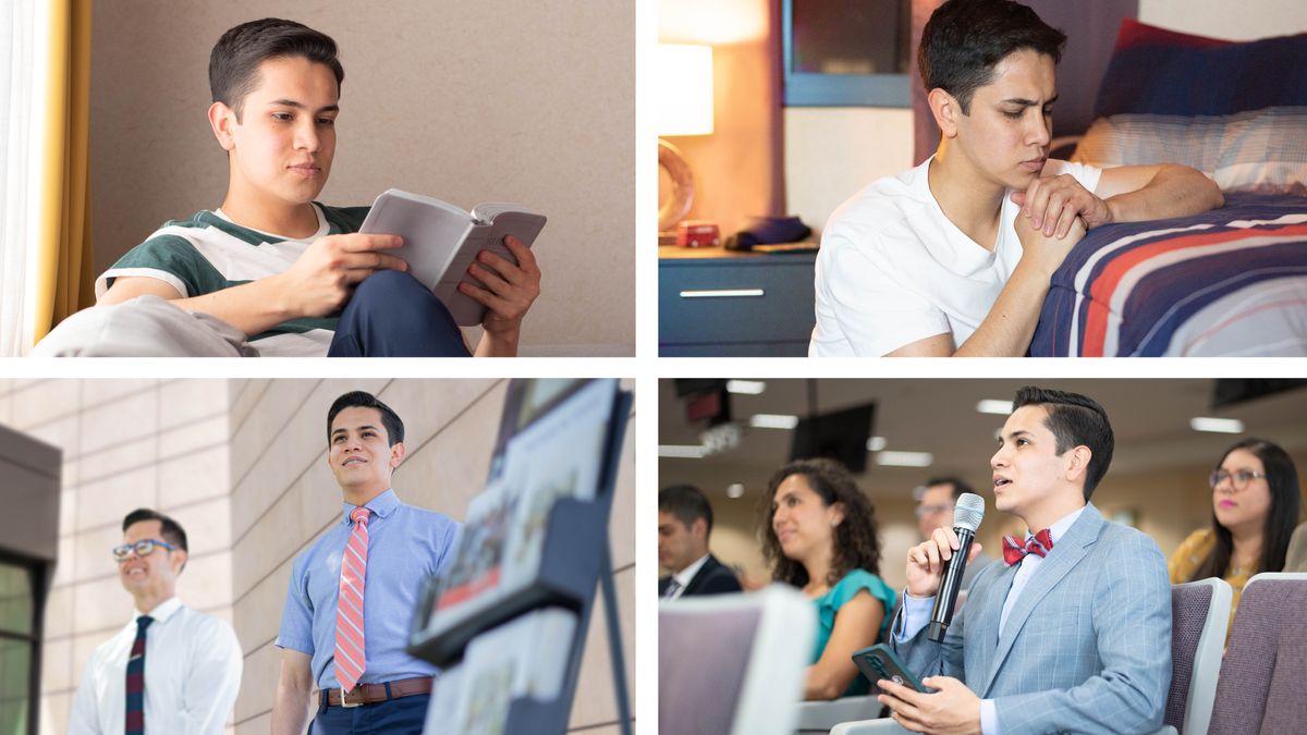 Pichas: One young braddah making shua he get time fo study. 1. He stay reading da Bible. 2. He pray real hard. 3. He ansa at da meeting. 4. He doing cart..