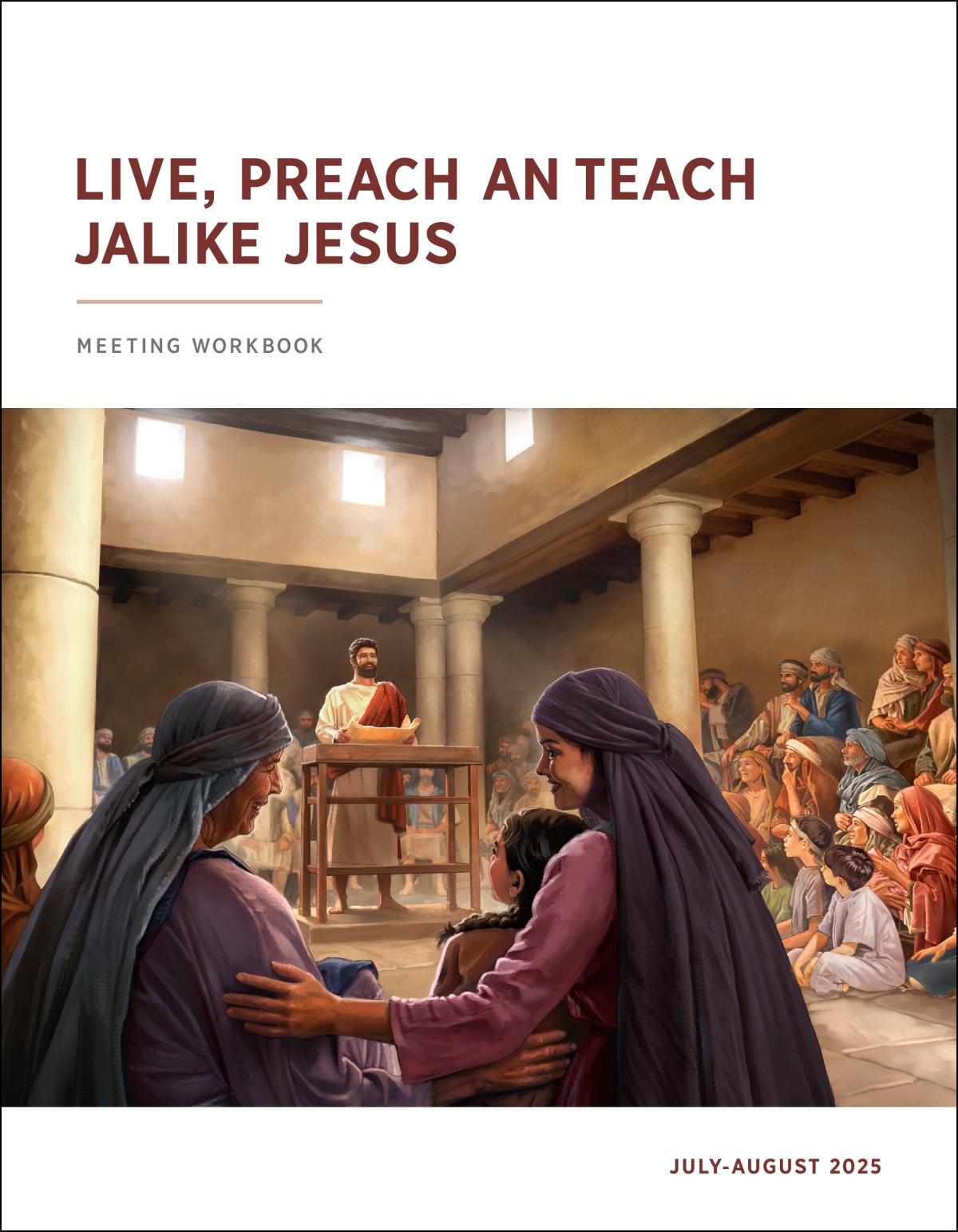 Jesus talking in one synagogue, wit one scroll open in his hands. A group of guys, wahines, an kids lissen to him good.