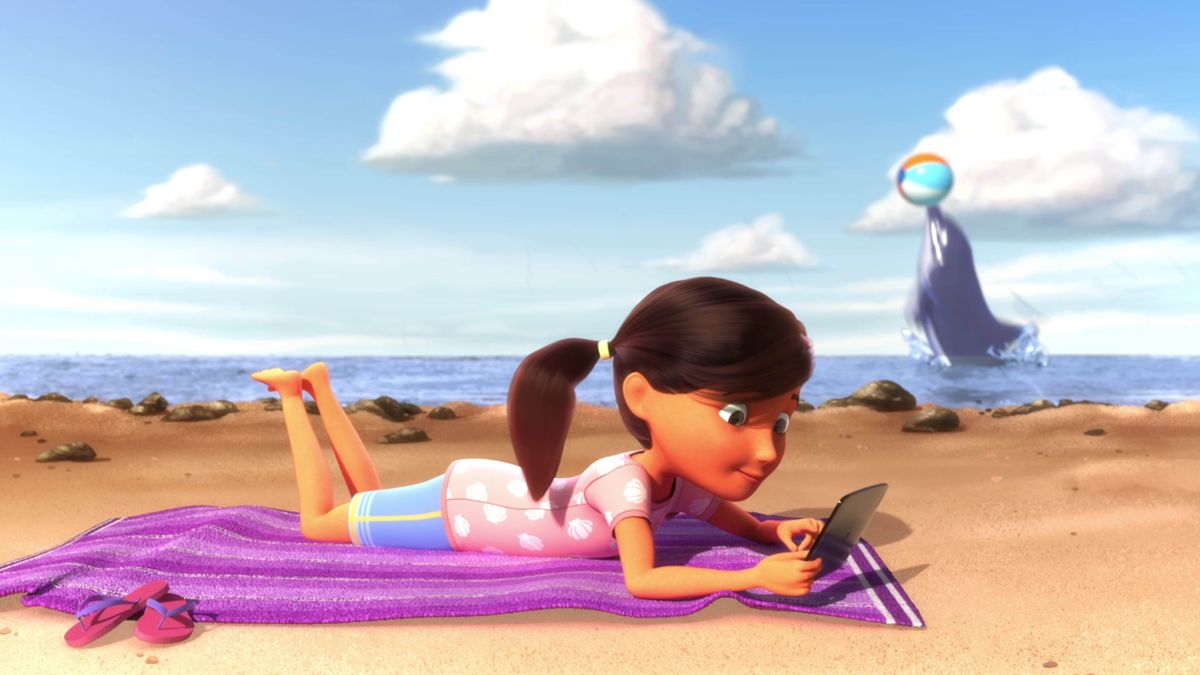 One paht of da video “Da Bes Way Fo Use Oua Time.” Sophia on da beach cruzing wit her tablet an she no see da dolphin playing wit one ball nex to her in da watta.