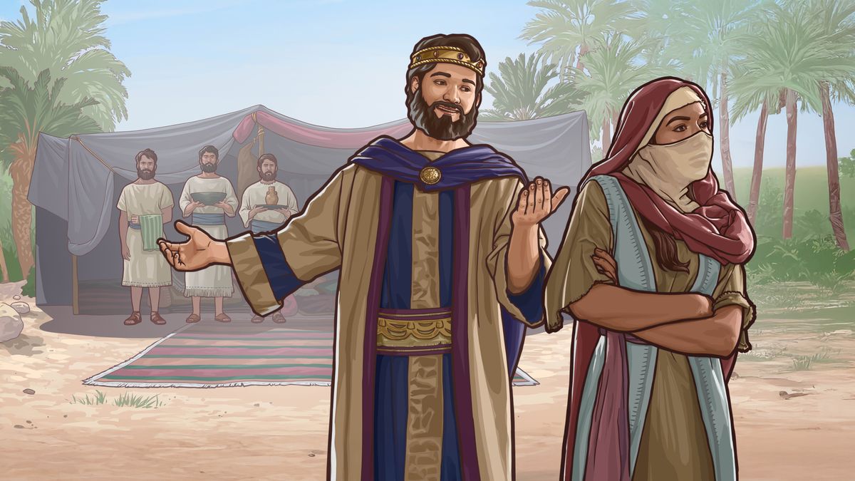 King Solomon invite da Shulam wahine fo go his tent, but she shut him down an turn her back to him wit her arms cross. Three of Solomon’s workas stan in front da tent, holding one towel, one bowl, an one watta jug.