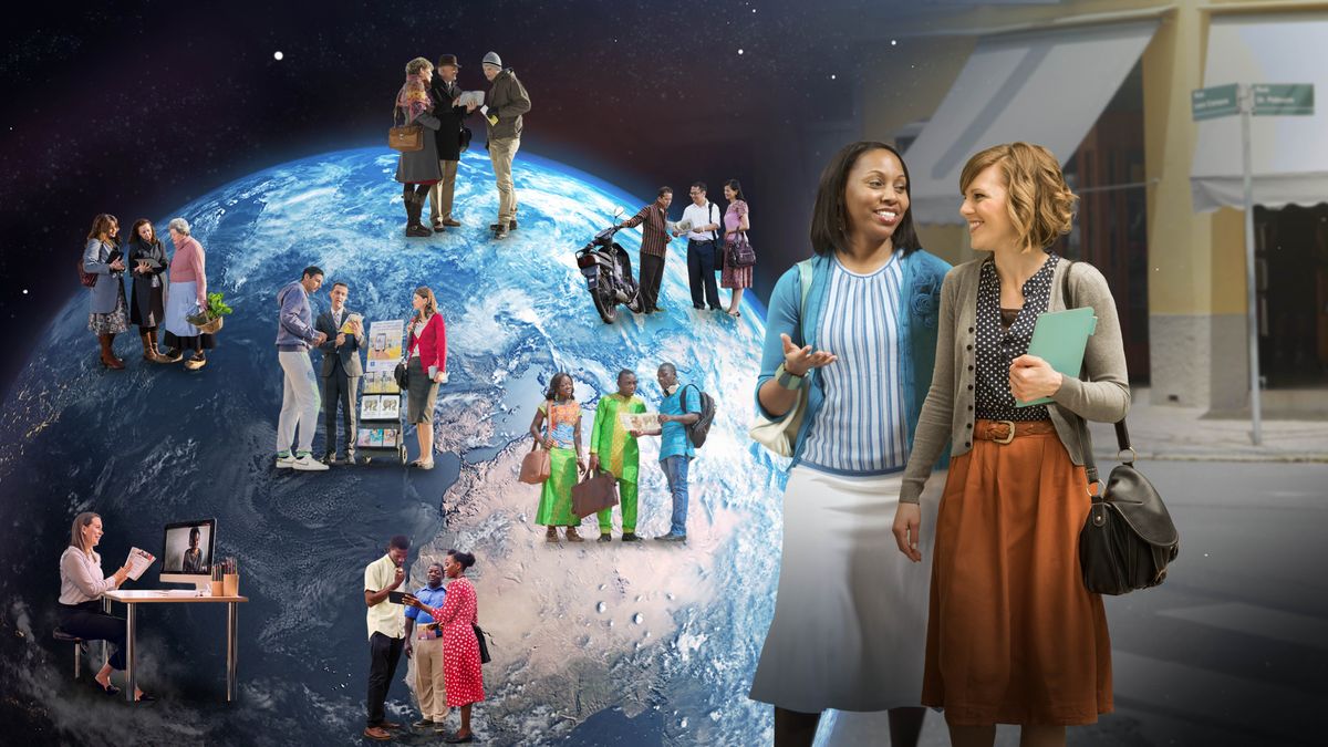 Braddahs an sistahs preaching in differen pahts of da world. Dey stay using literature carts, videoconference, go house to house, an odda ways fo preach.