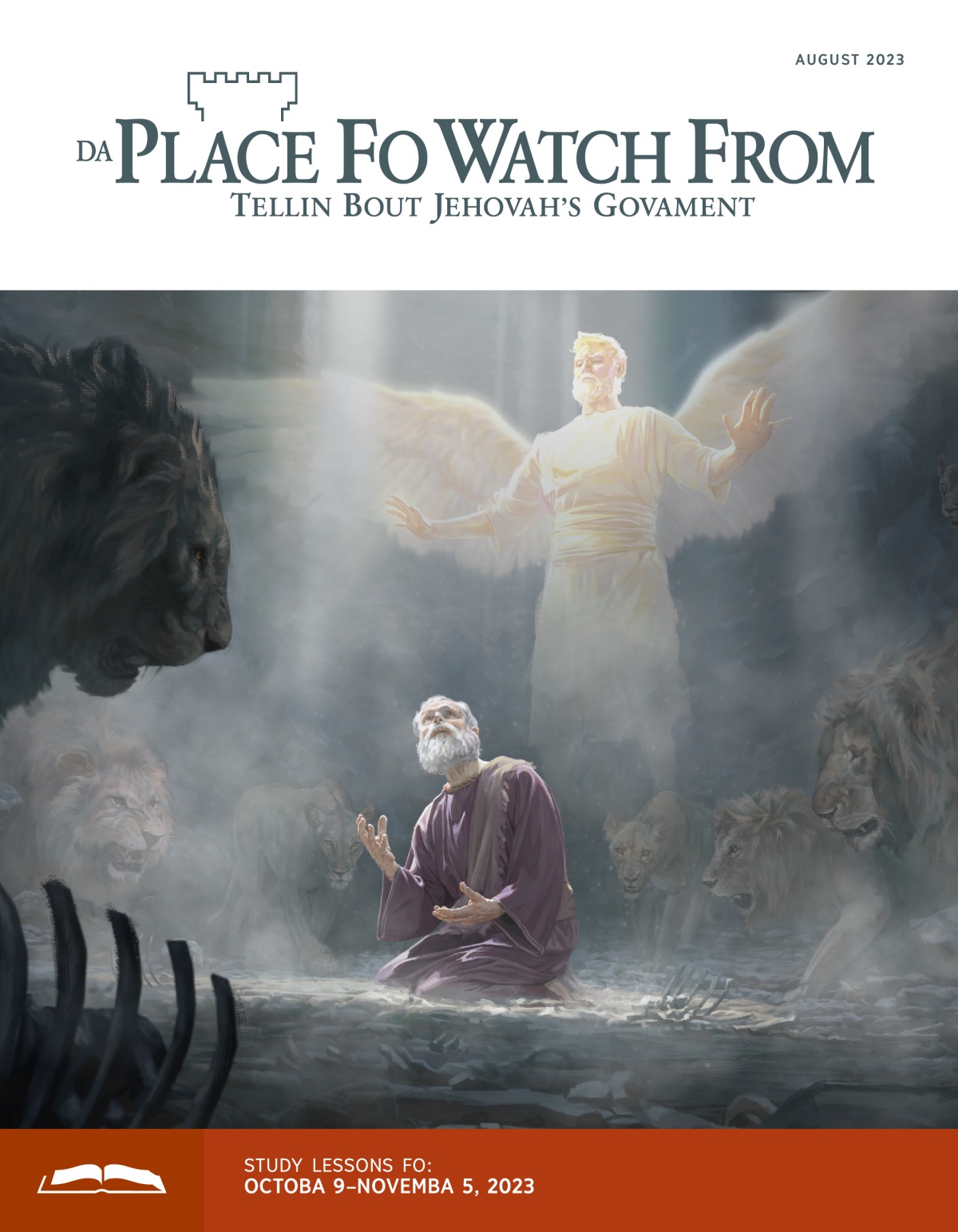 Da prophet Daniel looking up to heaven wit lions all around him in one pit. One angel above him protecting him.