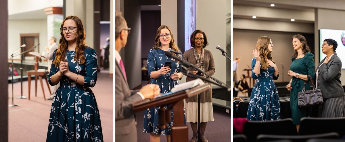 Pichas: 1. One sistah pray befoa going on stage at one big kine meeting fo da circuit. 2. One braddah intaview her an anodda sistah. 3. Da sistah give props to Jehovah wen oddas tell her she did good afta da program.