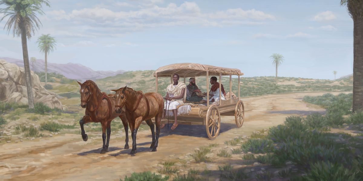 Philip in one four wheel wagon dat one horse stay pulling, stay telling one Etiopia guy about da Bible while somebody stay driving.