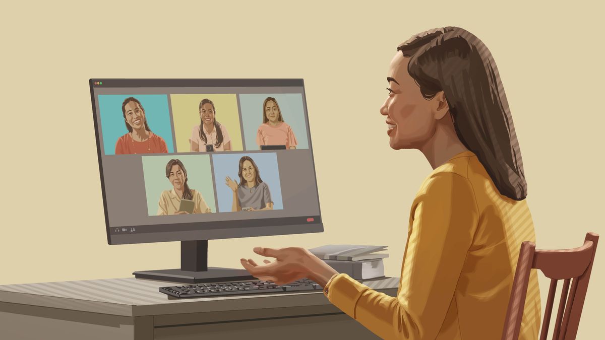Da sistah in da picha befoa, talk wit her Bible study an four of her frenz using videoconferencing.