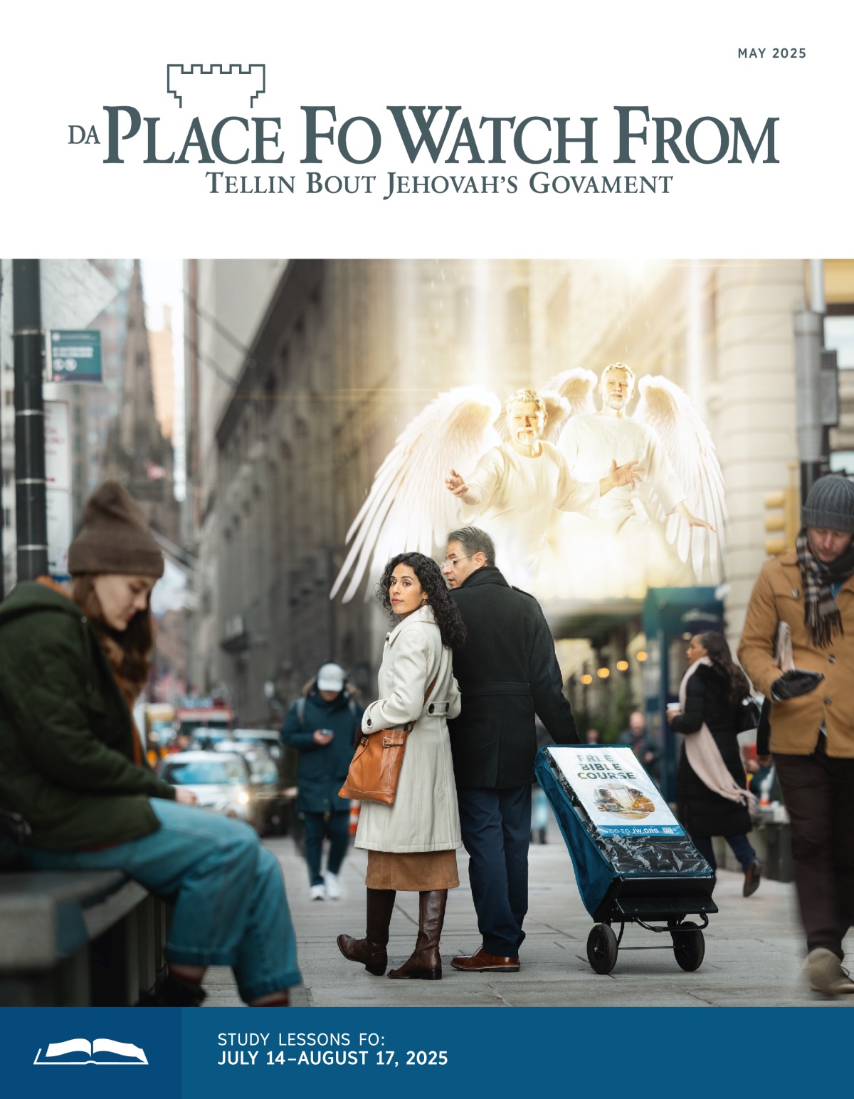 One coupo walking on da street wit one cart fo preach. Angels right above one sistah direcking her to one young lady sitting on one bench who stay all stress out.
