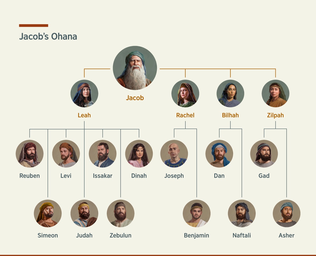 One chart dat show Jacob’s family tree. He get two wifes, Leah an Rachel, an two odda kine wifes, Bilhah an Zilpah. His kids wit Leah iz Reuben, Simeon, Levi, Judah, Issakar, Zebulun, an Dinah. His kids wit Rachel iz Joseph an Benjamin. His kids wit Bilhah iz Dan an Naftali. His kids wit Zilpah iz Gad an Asher.