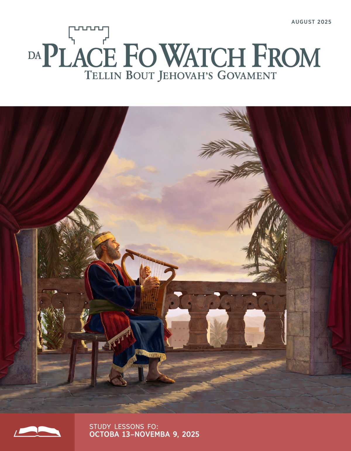 King David sitting on one balcony, playing da harp an singing.