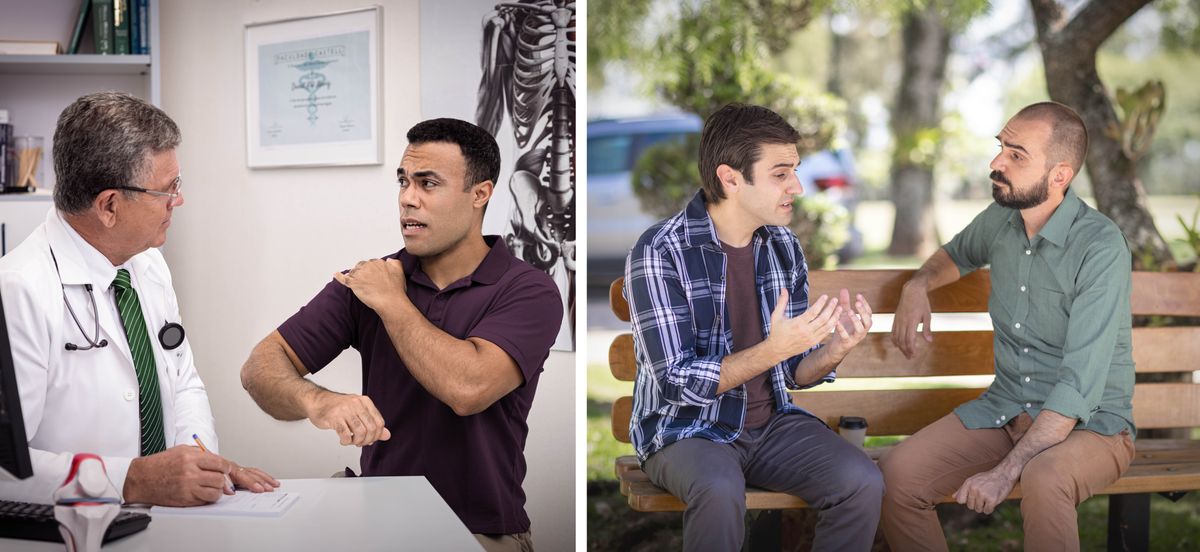 Pichas: 1. One guy tell da docta bout his soa shoulda. 2. One braddah talking to one elda about his problem sitting outside on one bench.