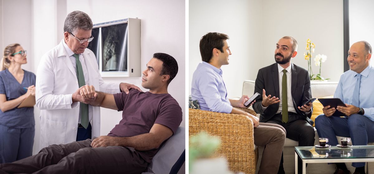 Pichas: 1. Da docta from da las picha stay checking out da guy’s shoulda. Get one X-ray picha on da wall of da guy’s shoulda. 2. At da braddah’s house, da elda from da las picha an one odda elda use da Bible fo help da braddah. He stay smiling an lissening real good to da eldas.