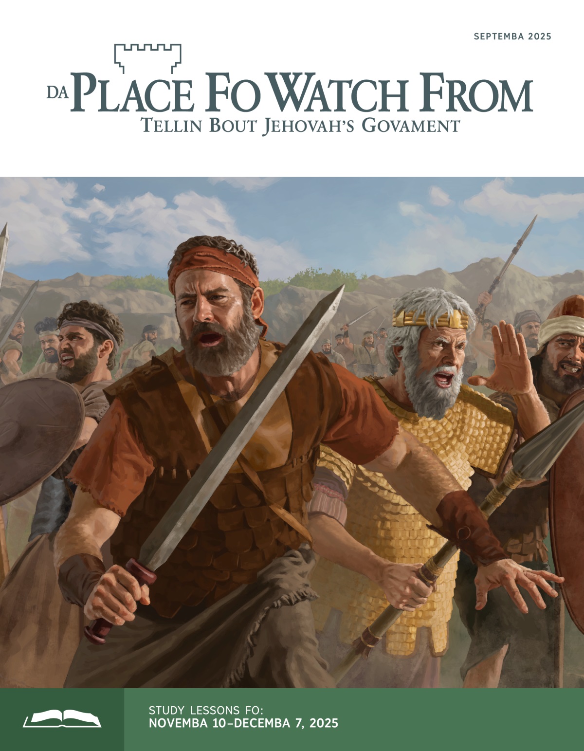 Jonathan, Saul, an Israel army guys wit swords, spears, an shields in dea hands fighting on one battlefield.
