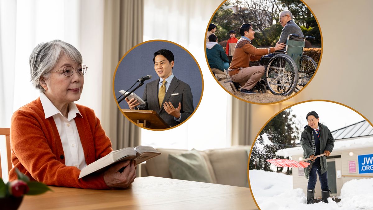 Pichas: One olda sistah reading her Bible an tinking about how hahd da eldas work. 1. One elda giving one talk at da meeting. 2. He help one braddah who stay in one wheelchair. 3. He shovel snow at da Kingdom Hall.