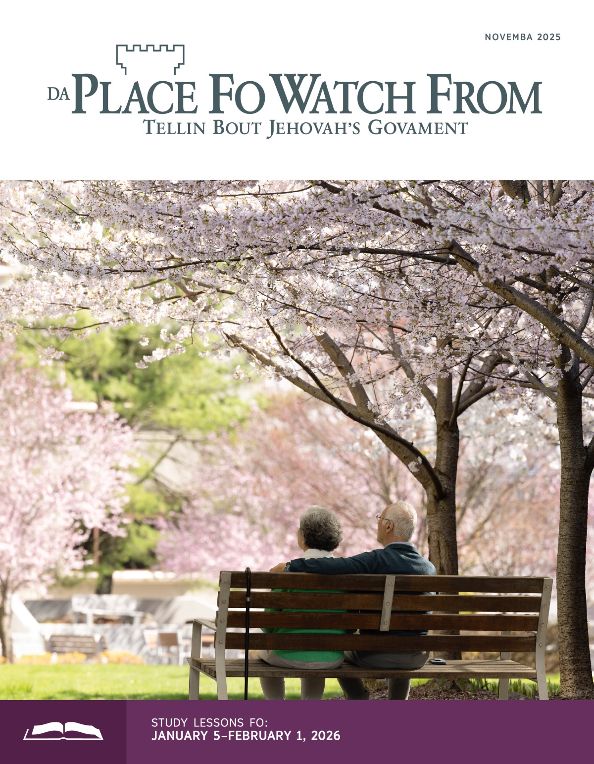 One olda coupo sitting outside an get cherry blossom trees aroun dem.