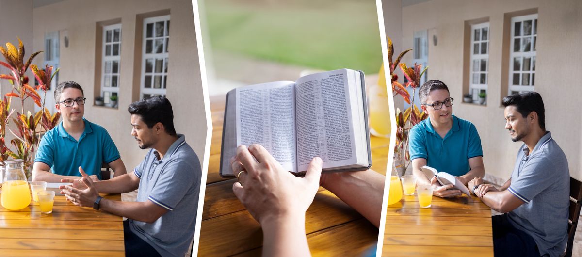 Pichas: One braddah give nice counsel to anodda braddah who stay supa upset. 1. One braddah iz patient az he lissen to da upset braddah share how he feel. Dey sitting outside on one table dat get juice on top. 2. Da braddah dass lissening opens up da Bible. 3. Da braddah gives counsel from da Bible in one loving way. Da odda braddah iz calm az he lissens.