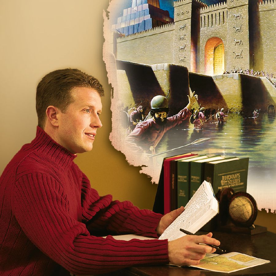 Տղամարդը Աստվածաշնչում կարդում է Եսայիայի մարգարեությունը և մի դրվագ պատկերացնում Բաբելոնի գրավումից