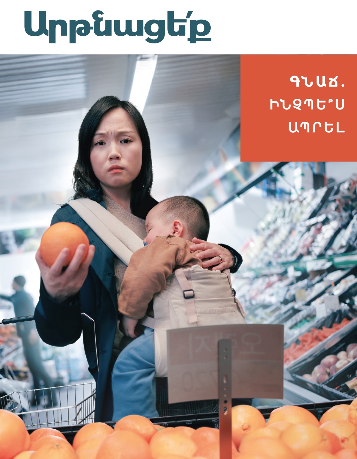 Մի մայր իր փոքրիկի հետ, որը քնած է, խանութում գնումներ անելիս անհանգստացած նայում է որոշ մթերքների գներին